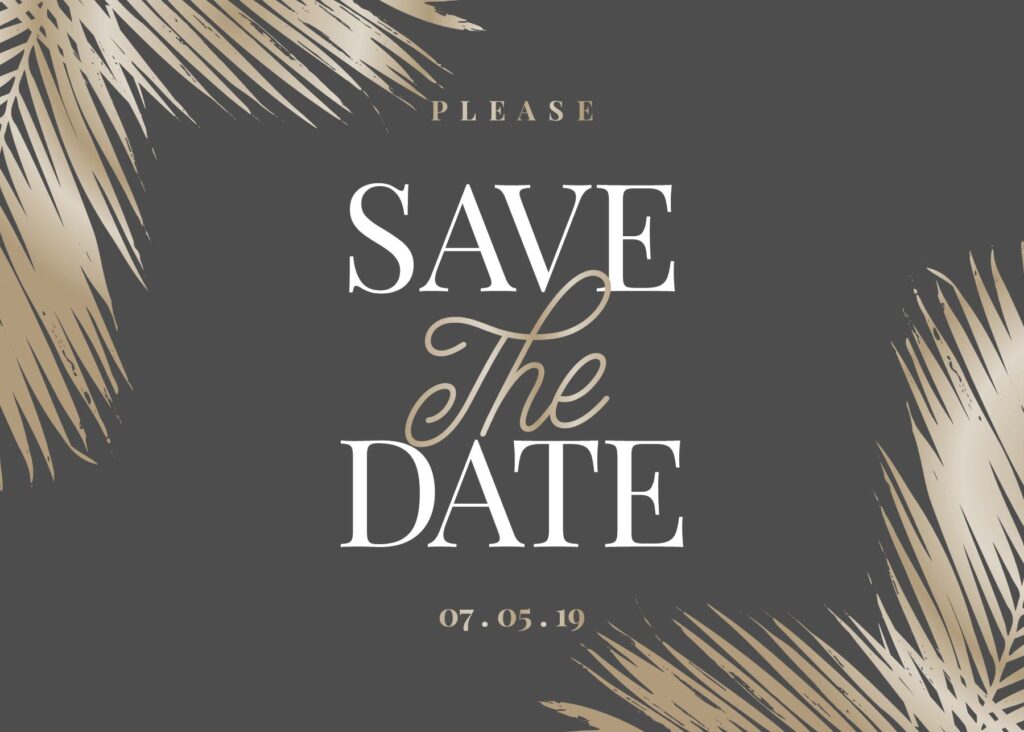 Gold Foil Save the Date Idea with palm fronds in a metallic finish