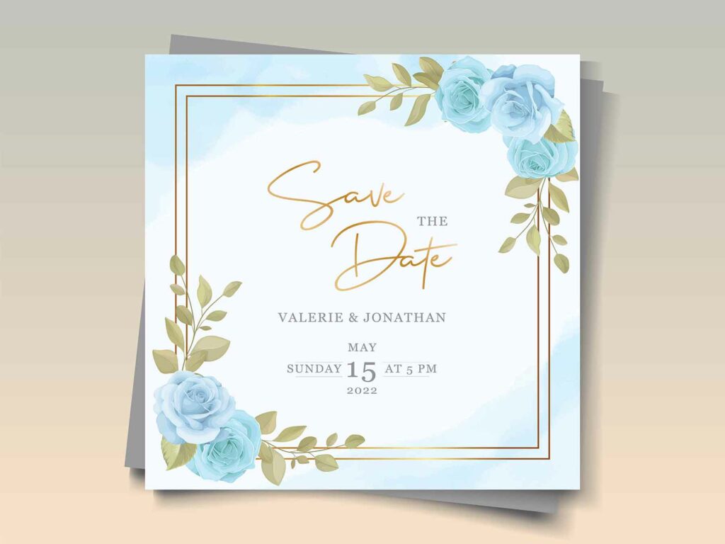 Floral save the date with pale blue flowers at the corners