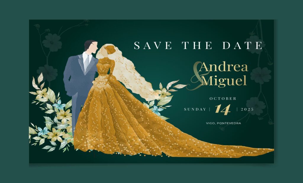 Illustrated save the date idea featuring a portrait of a couple embracing