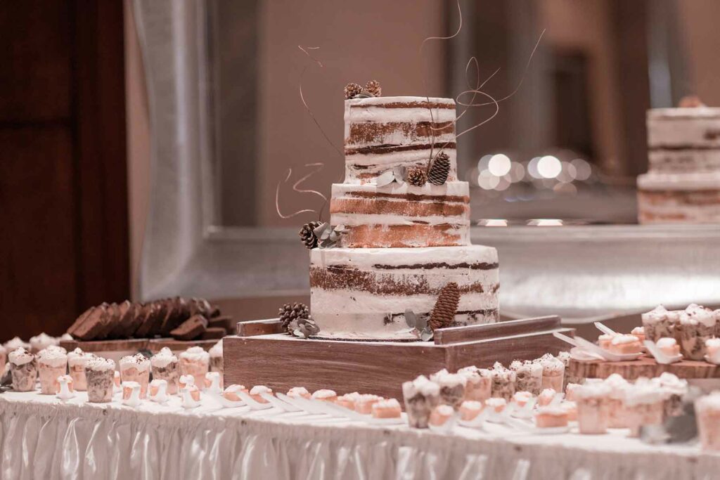 A rustic naked cake decorated with pinecones sits on a wooden frame, surrounded by miniature desserts at a winter wedding