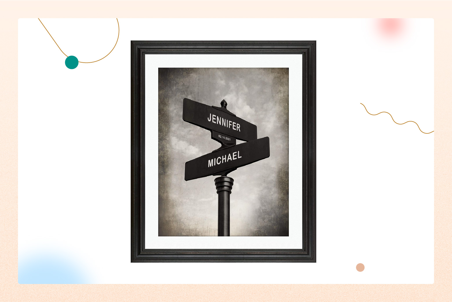 product photo of black-framed street sign photo with the names of Jennifer and Michael on the cross streets