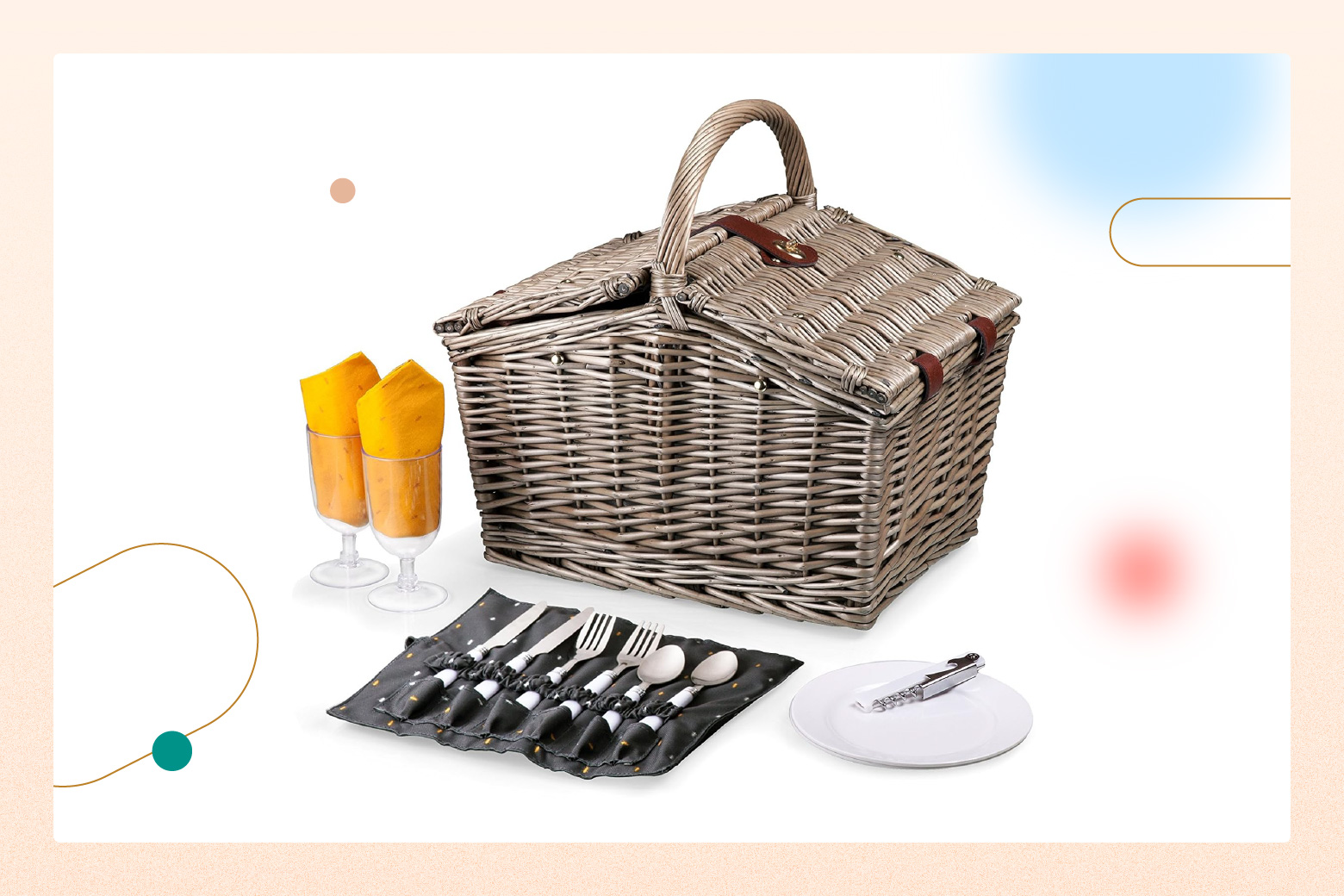 product photo of picnic basket set, with silverware, plates, corkscrew, and 2 goblets with yellow napkins