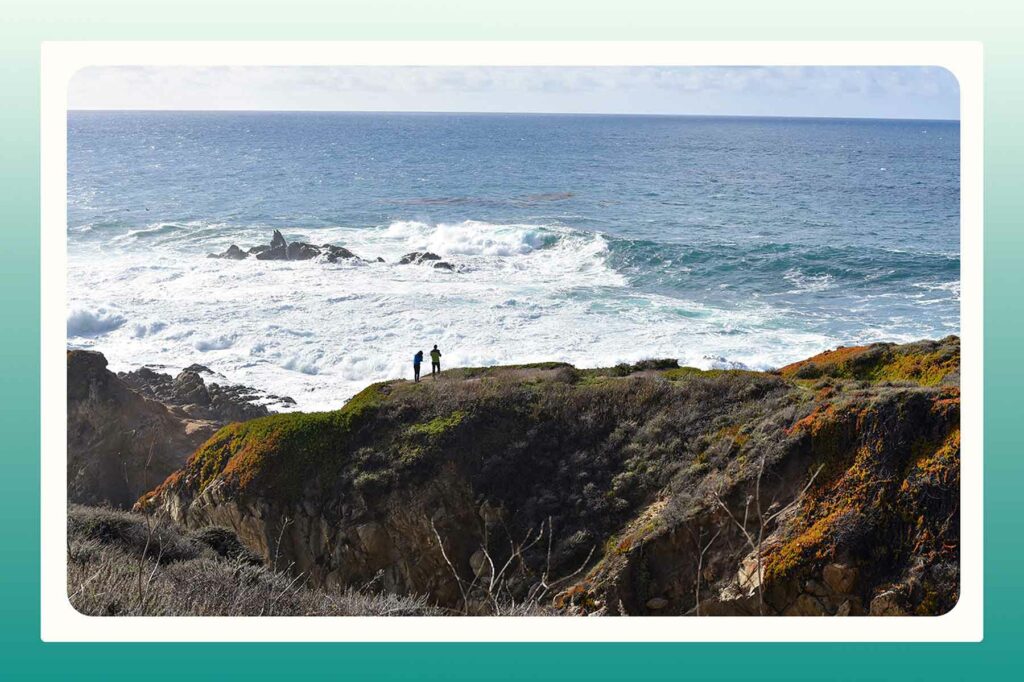 A couple on a hike during a beach proposal with a view