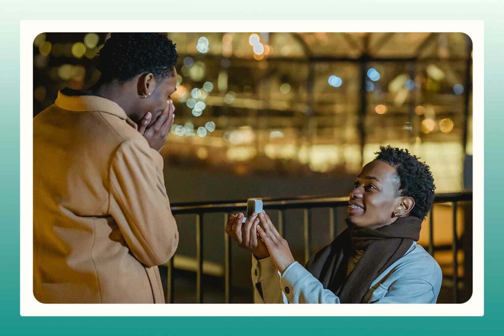 A man on one knee with an open ring box proposing to their partner in a city after dark