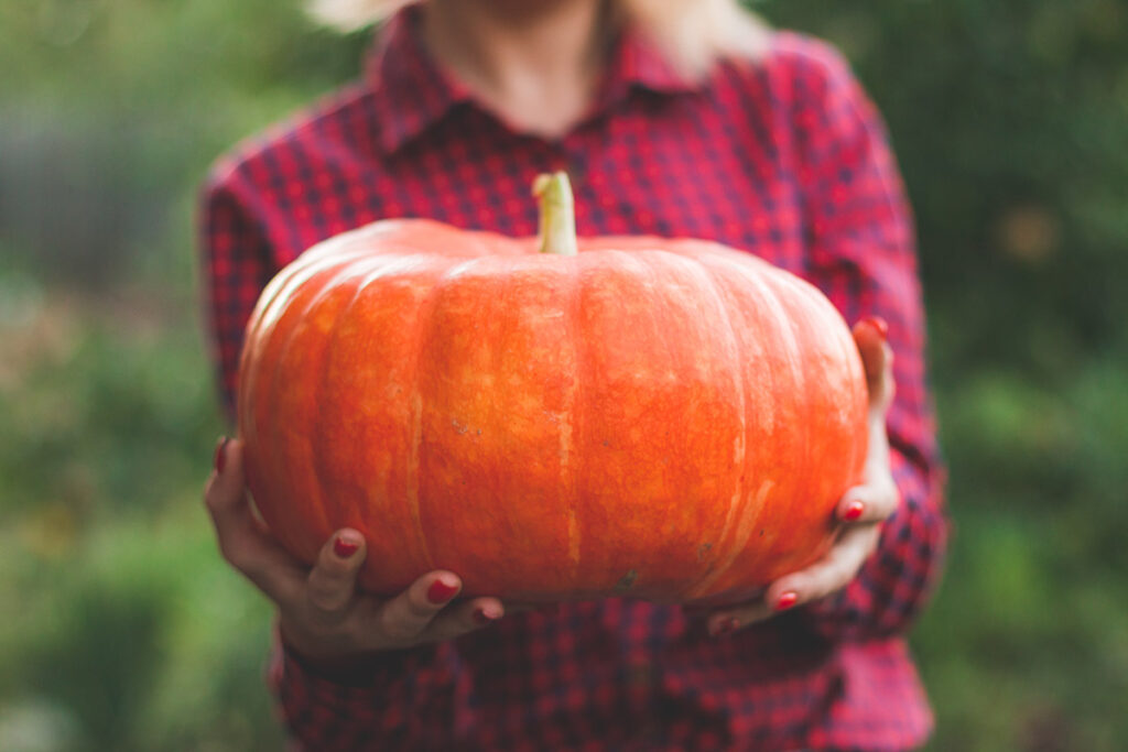 woman in flannel holding a pumpkin