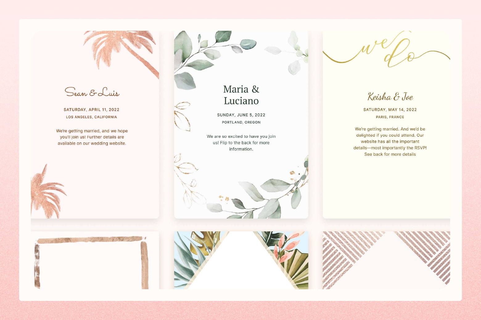 Three different wedding invitations laid side by side