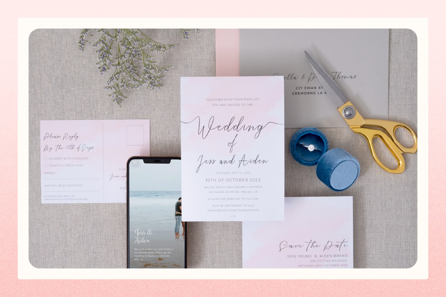 Wedding invitation suite for Jess and Arden, with a diamond ring in a round blue ring box and a pair of scissors next to it