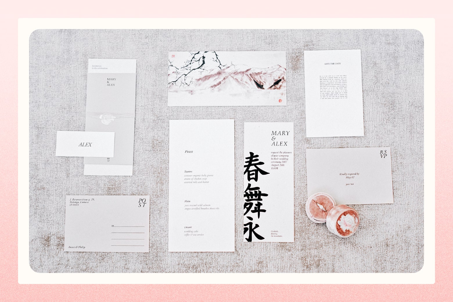 A wedding stationary suite for Mary and Alex, featuring large bold Japanese kanji characters and mountain scenery