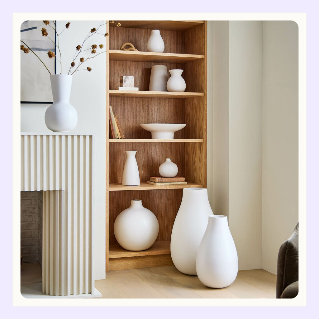 bookcase and white vase decor for home
