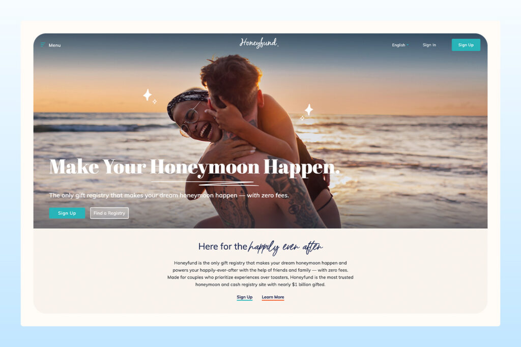 view of Honeyfund wedding registry landing page