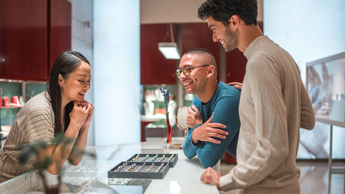 Photo of a couple choosing an engagement ring