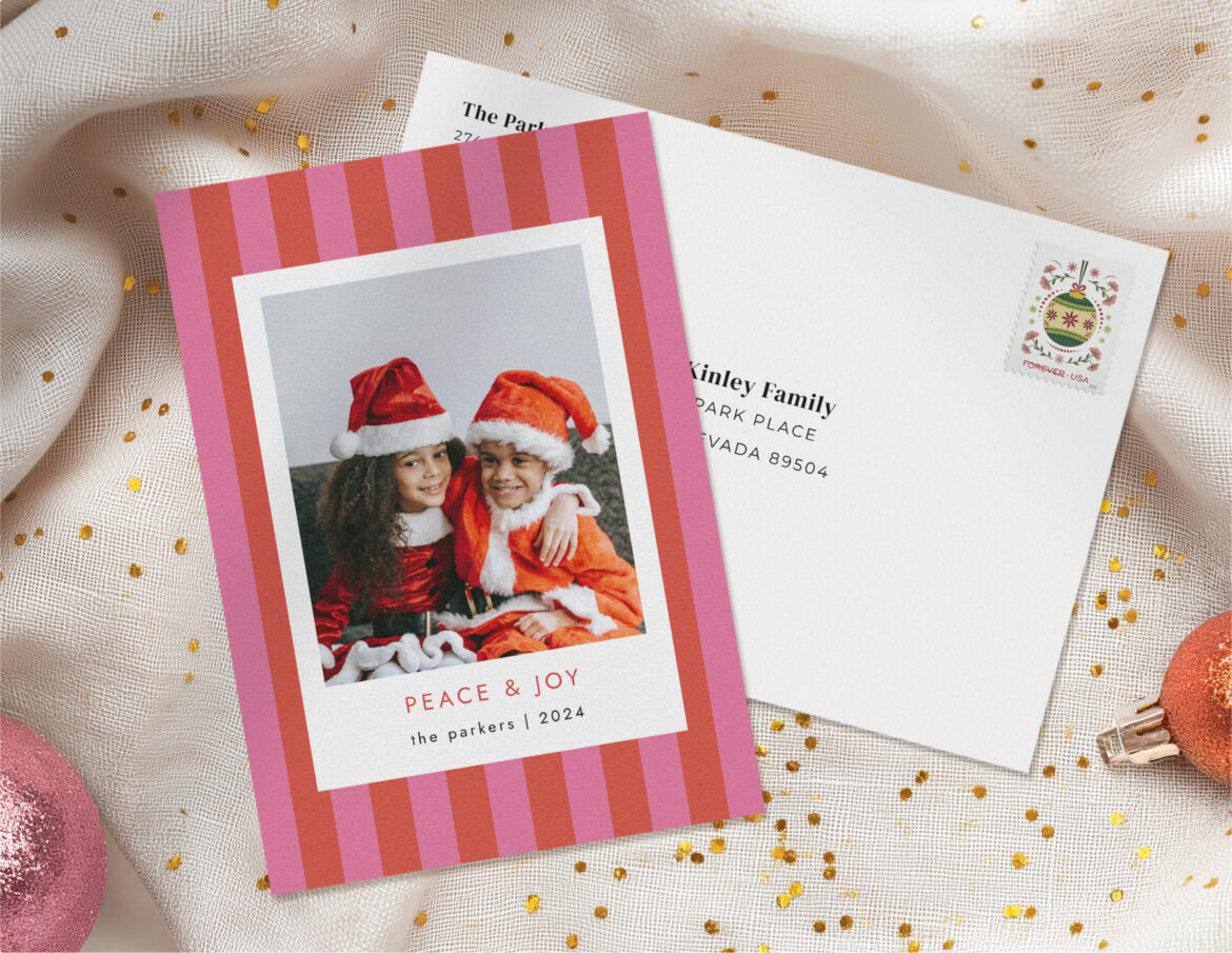 Picture of holiday card with pink and red stripes