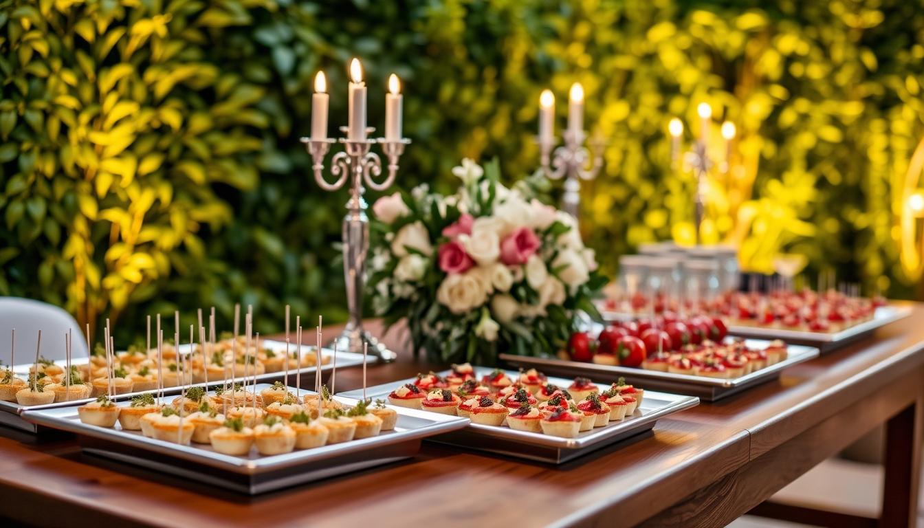 A beautifully curated engagement party catering spread, elegantly arranged on a long wooden table. In the foreground, an assortment of delectable hors d'oeuvres, artfully presented on silver trays - bite-sized delights that tantalize the palate. In the middle ground, a stunning centerpiece of fresh flowers and greenery, complemented by silver candelabras casting a warm, romantic glow. The background features a lush, verdant backdrop, perhaps an indoor garden or a cozy, rustic setting, creating an inviting and intimate atmosphere. The lighting is soft and flattering, accentuating the textures and colors of the catering, and drawing the viewer's eye to the delectable spread. Overall, the scene exudes a sense of sophisticated elegance and attention to detail, perfectly capturing the essence of exceptional engagement party catering.