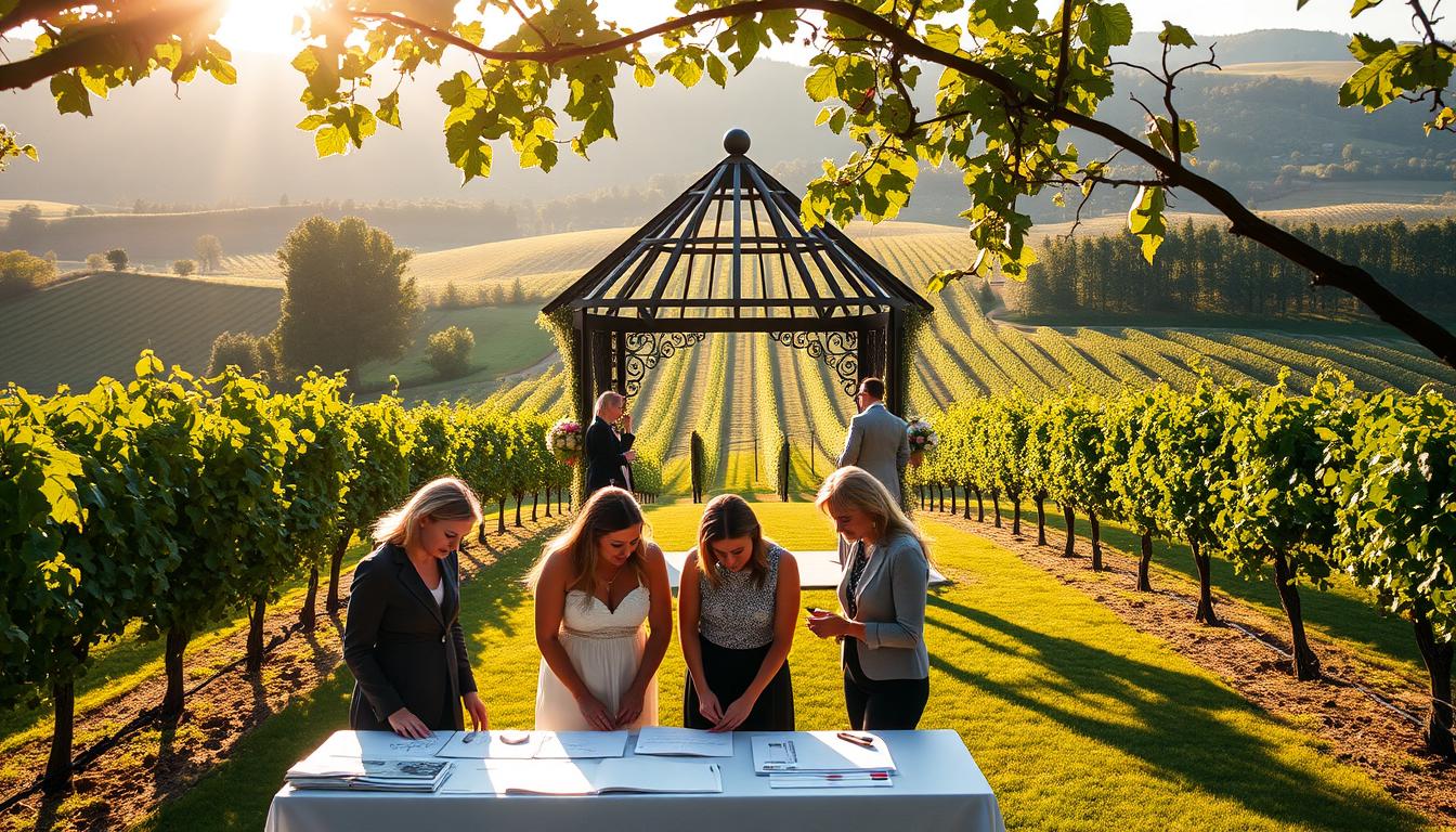 A beautifully manicured vineyard, the sun's golden rays casting a warm glow over the lush vines. In the foreground, a group of wedding planners, dressed in elegant attire, confer over a table filled with sketches and swatches. The middle ground showcases a picturesque gazebo, its intricate trellis entwined with cascading florals. In the background, rolling hills dotted with rows of grapes create a serene, pastoral backdrop. The scene radiates a sense of meticulous organization and creative inspiration, perfectly capturing the essence of planning an enchanting vineyard wedding on Long Island.