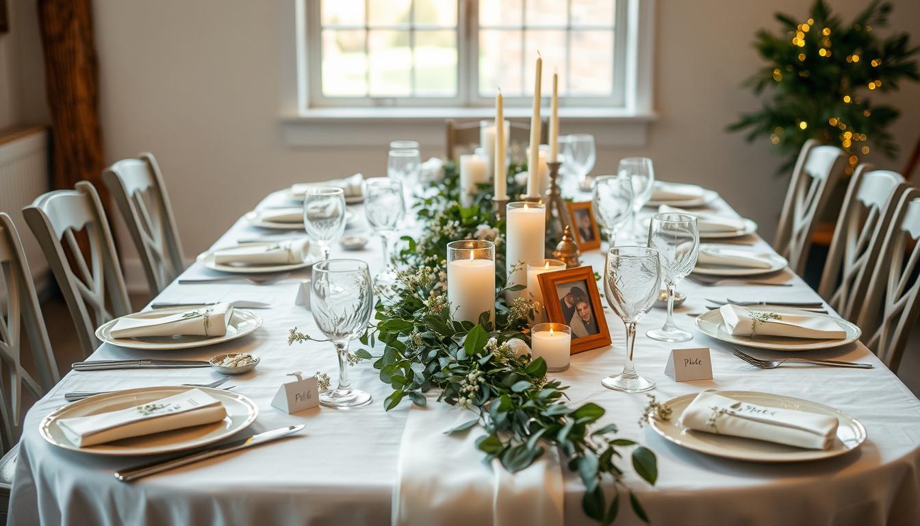 A beautifully set rustic-chic engagement party table, with a soft, natural lighting filtering through a large window. The table is adorned with a white linen tablecloth, accented by an elegant runner of lush greenery, delicate wildflowers, and twinkling fairy lights. Mismatched vintage plates, crystal glassware, and polished silverware create a charming, eclectic tablescape. Clusters of pillar candles in simple glass holders cast a warm, intimate glow, while a few carefully placed photo frames and handwritten place cards add personal touches. The overall atmosphere is one of refined elegance and thoughtful, DIY-inspired details that elevate the dining experience.