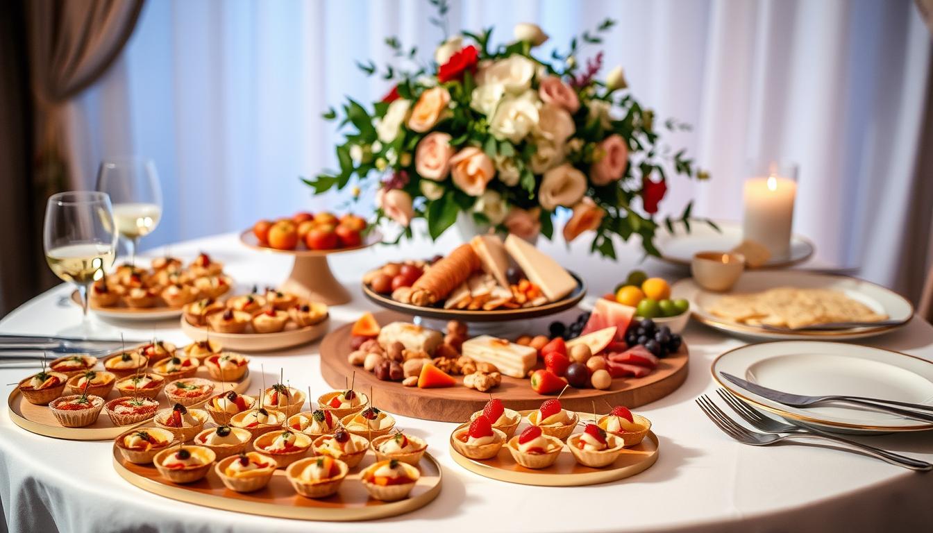 A beautifully styled engagement party table, featuring an array of delectable canapés and small bites. In the foreground, there are dainty finger foods - mini quiches, savory tartlets, and skewered hors d'oeuvres. The middle ground showcases an elegant display of artisanal cheese and charcuterie, complemented by fresh fruit, nuts, and crackers. In the background, a lush floral centerpiece adds a touch of romance, illuminated by soft, diffused lighting that creates a warm, intimate atmosphere. The table is adorned with a crisp, white tablecloth and accented with gold-rimmed plates and minimalist cutlery, exuding a sophisticated, yet inviting ambiance.
