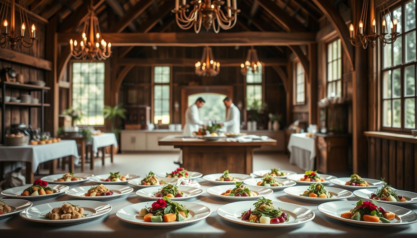 A bespoke wedding catering scene set in a rustic barn interior, with natural light filtering through large windows. In the foreground, an elegant table is laid out with an assortment of gourmet dishes, each plated with precision and garnished with fresh herbs and edible flowers. In the middle ground, chefs in crisp white uniforms move gracefully around the kitchen, preparing customized dishes for the discerning couple. The background features exposed wooden beams, vintage chandeliers, and a backdrop of lush greenery visible through the windows, conveying a sense of tranquility and exclusivity. The overall mood is one of elevated sophistication and attention to detail, capturing the essence of a truly personalized wedding catering experience.