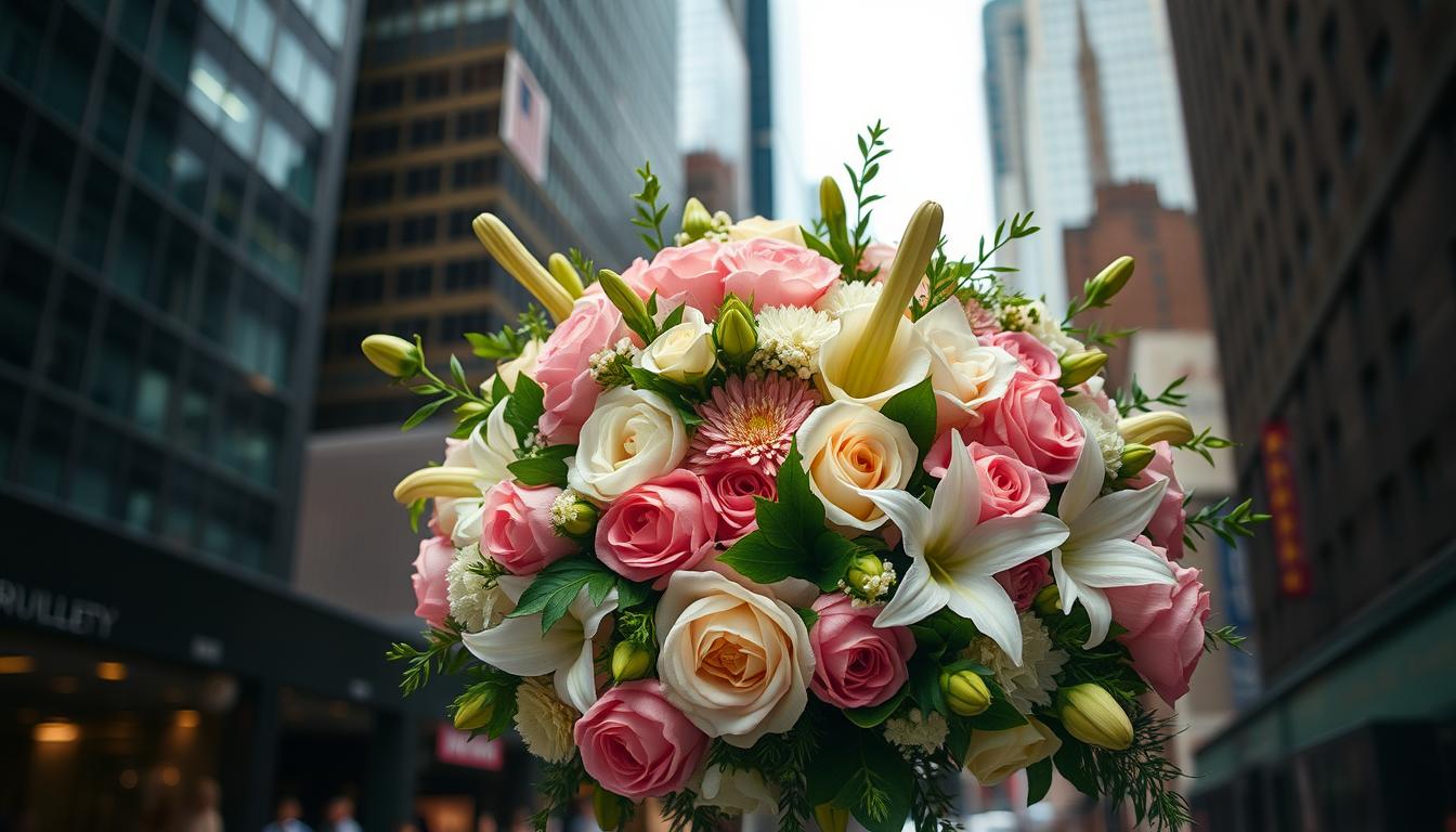 A bountiful wedding bouquet in the bustling heart of New York City. Lush, vibrant flowers cascade elegantly, capturing the energy and sophistication of the urban landscape. Delicate roses, fragrant peonies, and graceful lilies mingle with verdant foliage, creating a captivating visual harmony. Soft, diffused lighting bathes the arrangement, imbuing it with a warm, romantic glow. The bouquet is framed by a backdrop of iconic skyscrapers, their steel and glass silhouettes forming a striking contrast. This image embodies the perfect balance between timeless tradition and modern elegance, setting the stage for a memorable celebration of love and commitment in the city that never sleeps.