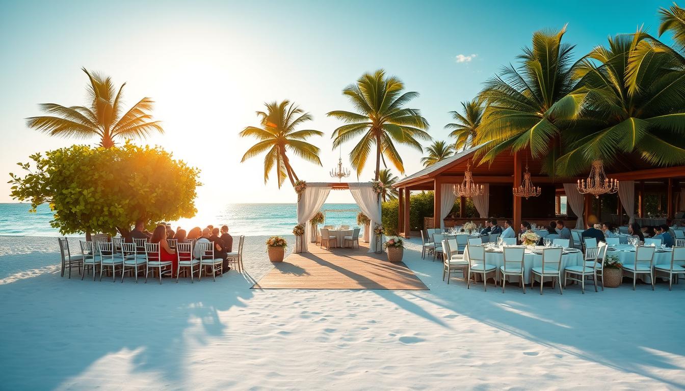 A breathtaking luxury beach wedding venue, with white sand stretching out to meet crystal-clear turquoise waters. In the foreground, a stunning outdoor ceremony site adorned with lush tropical foliage and elegant white fabric drapes, bathed in soft golden light. Guests are seated on pristine white chairs, facing an ornate wooden arch framing the azure horizon. In the middle ground, a grand open-air reception area features opulent chandeliers, polished wooden floors, and tables set with gleaming silverware and fine china. The background showcases towering palm trees swaying gently in the ocean breeze, creating a serene and secluded atmosphere perfect for an unforgettable luxury beach wedding.