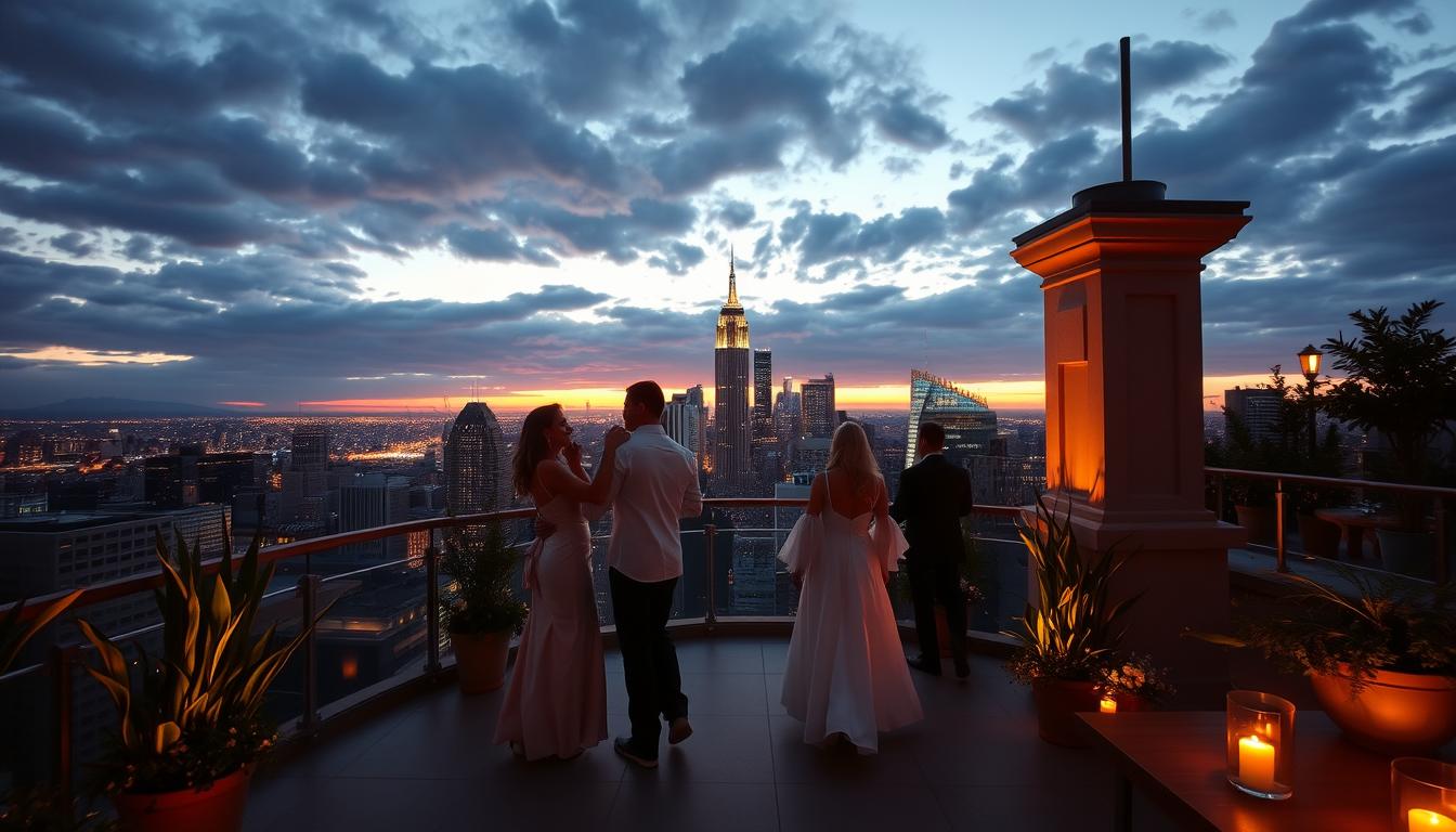 A breathtaking rooftop venue, its sweeping city skyline backdrop illuminated by the warm glow of sunset. Couples sway gently to the music, their silhouettes framed by the elegant architectural details of the rooftop structure. Soft ambient lighting casts a dreamy, romantic ambiance, while potted greenery and floral accents lend a touch of natural elegance. The camera's lens captures the scene from an elevated angle, emphasizing the expansive, picturesque views that make this an idyllic setting for a rooftop wedding celebration.