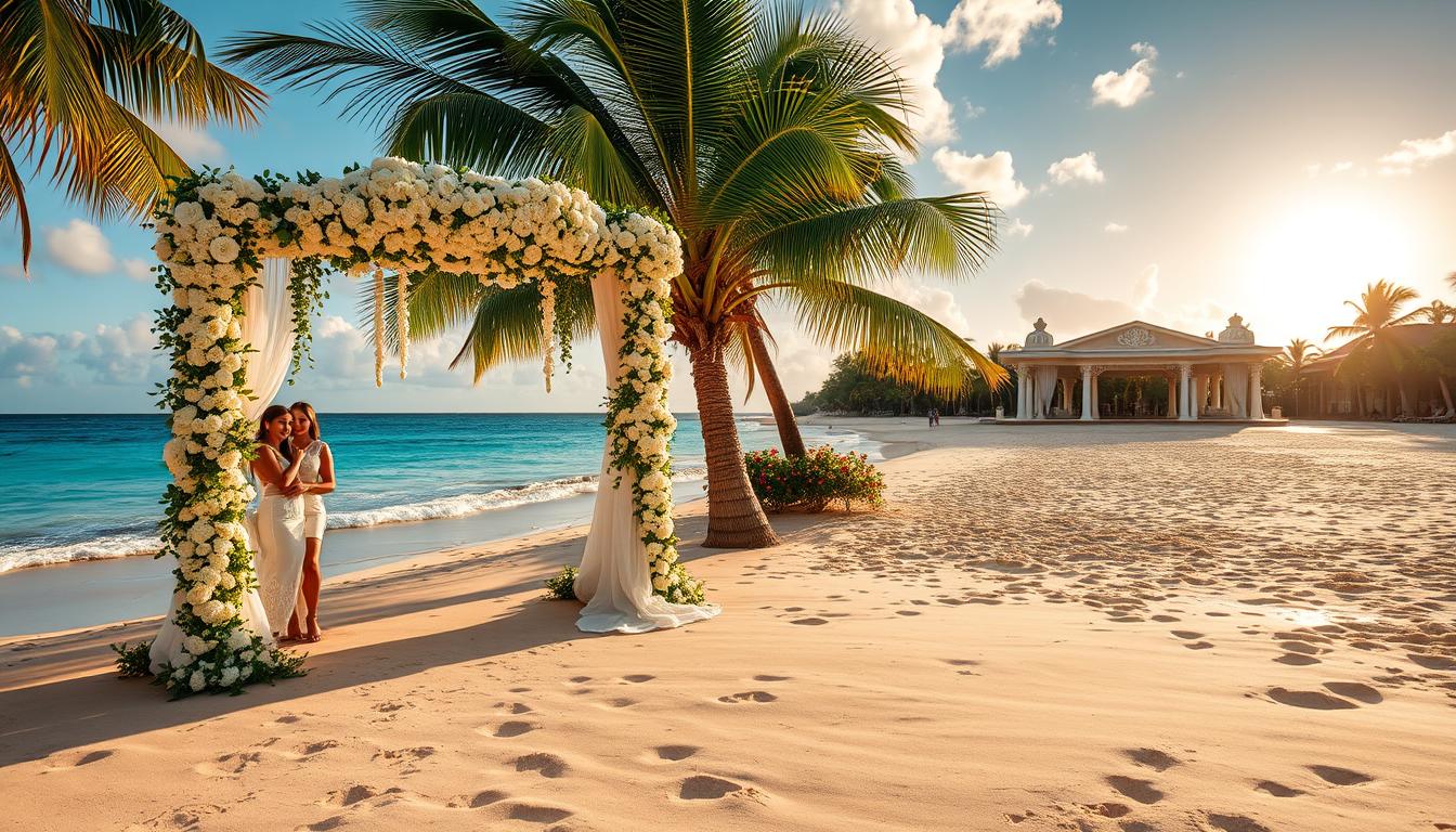 A breathtaking tropical beach setting, with azure waters lapping at the soft, golden sands. In the foreground, a luxurious wedding arch adorned with cascading white flowers and greenery, casting delicate shadows on the ground. Couples posing for photos, their elegant attire and joyful expressions reflecting the magical ambiance. In the middle ground, an ornate beachfront pavilion with high ceilings and grand chandeliers, hosting an opulent reception. In the background, a lush, palm-lined horizon, with the sun casting a warm, golden glow across the scene. The entire composition exudes a sense of effortless elegance, romance, and the perfect blend of nature and luxury.