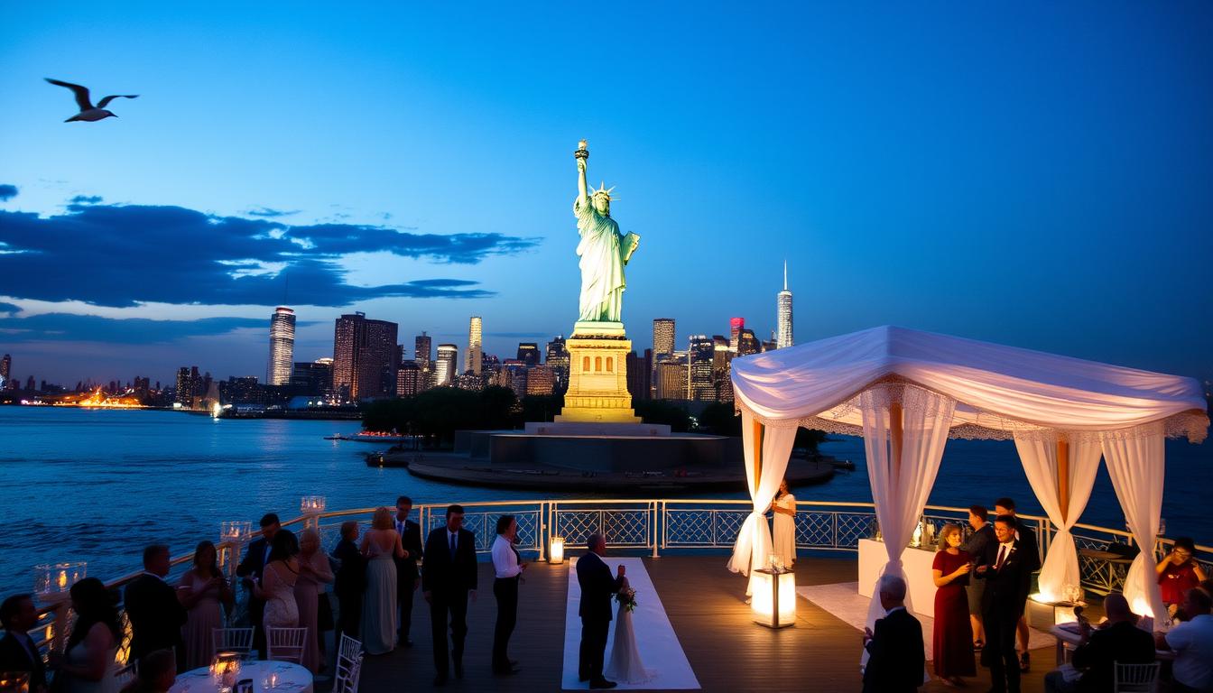 A breathtaking view of the iconic Statue of Liberty, its majestic figure towering over a picturesque waterfront setting. In the foreground, a grand, elegant wedding pavilion with a sweeping white canopy and delicate lace accents, perfectly framing the statue's silhouette. Guests mingle on the expansive deck, sipping champagne and admiring the breathtaking cityscape. Soft, warm lighting casts a romantic glow, while the gentle lapping of waves and the occasional seagull's call create a serene, tranquil atmosphere. In the background, the glittering New York skyline serves as a magnificent backdrop, completing the scene of a truly unforgettable Statue of Liberty wedding venue.