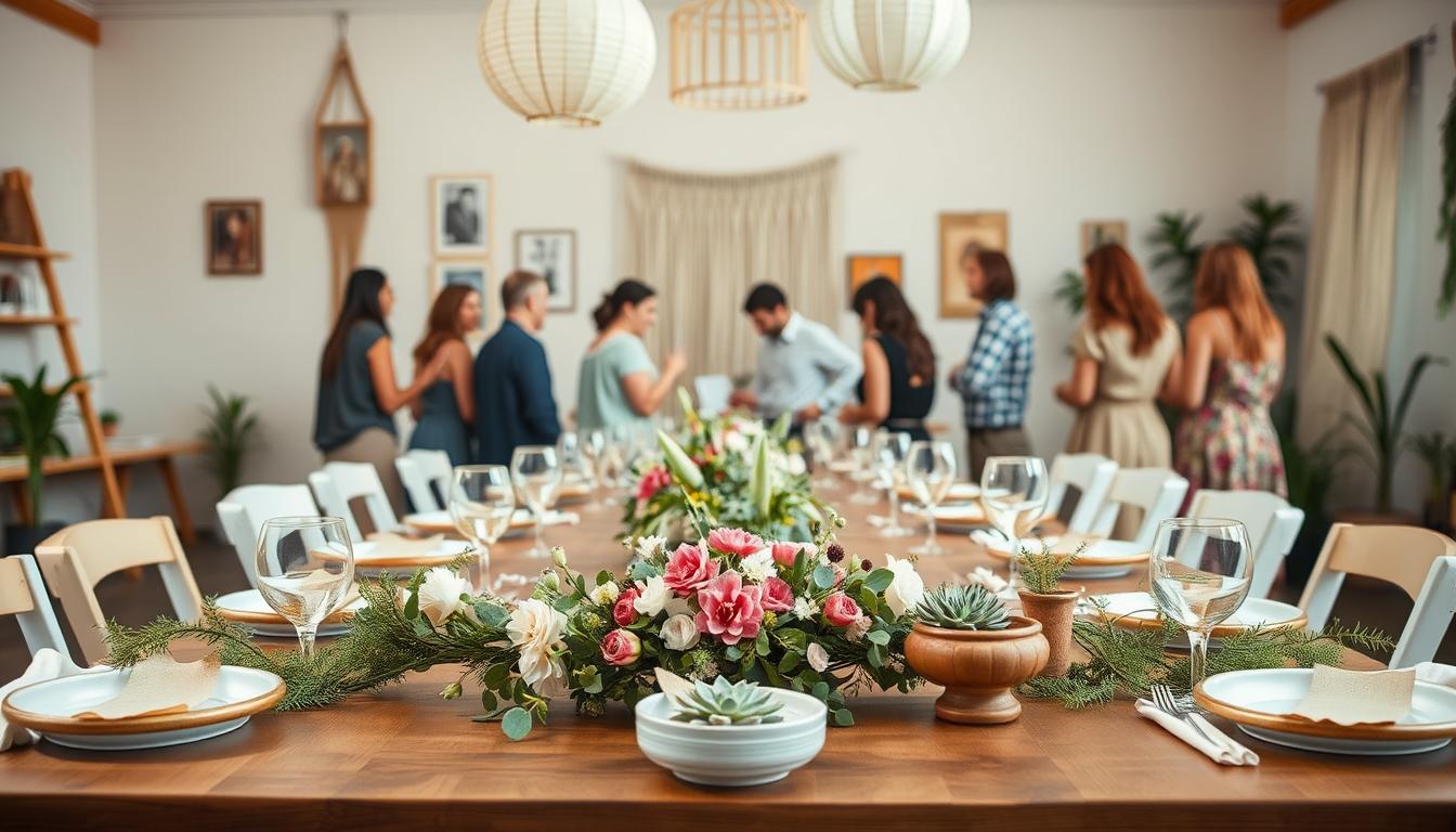 A bright, airy DIY engagement party scene with a rustic, crafted aesthetic. In the foreground, a handmade floral garland adorns a wooden table, set with artisanal ceramic plates and glasses. Potted succulents and DIY paper lanterns add pops of greenery and soft lighting. In the middle ground, guests gather around the table, engaged in lively conversation, their outfits reflecting a mix of boho-chic and vintage-inspired styles. The background features a neutral-toned wall with framed DIY art pieces and hanging macrame décor, creating a cozy, relaxed atmosphere perfect for an arts and crafts-themed celebration.