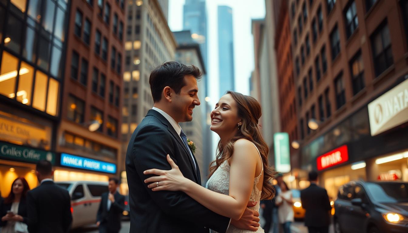 A bustling city street in New York City, with the iconic skyline of skyscrapers in the background. In the foreground, a couple embraces, their faces radiant with joy, as they exchange vows in a small, intimate ceremony. The lighting is soft and romantic, with warm hues filtering through the windows of nearby buildings. The scene is captured through a cinematic lens, highlighting the couple's connection and the timeless beauty of their elopement. The mood is one of quiet celebration, a fleeting moment of private bliss amidst the vibrant energy of the city.