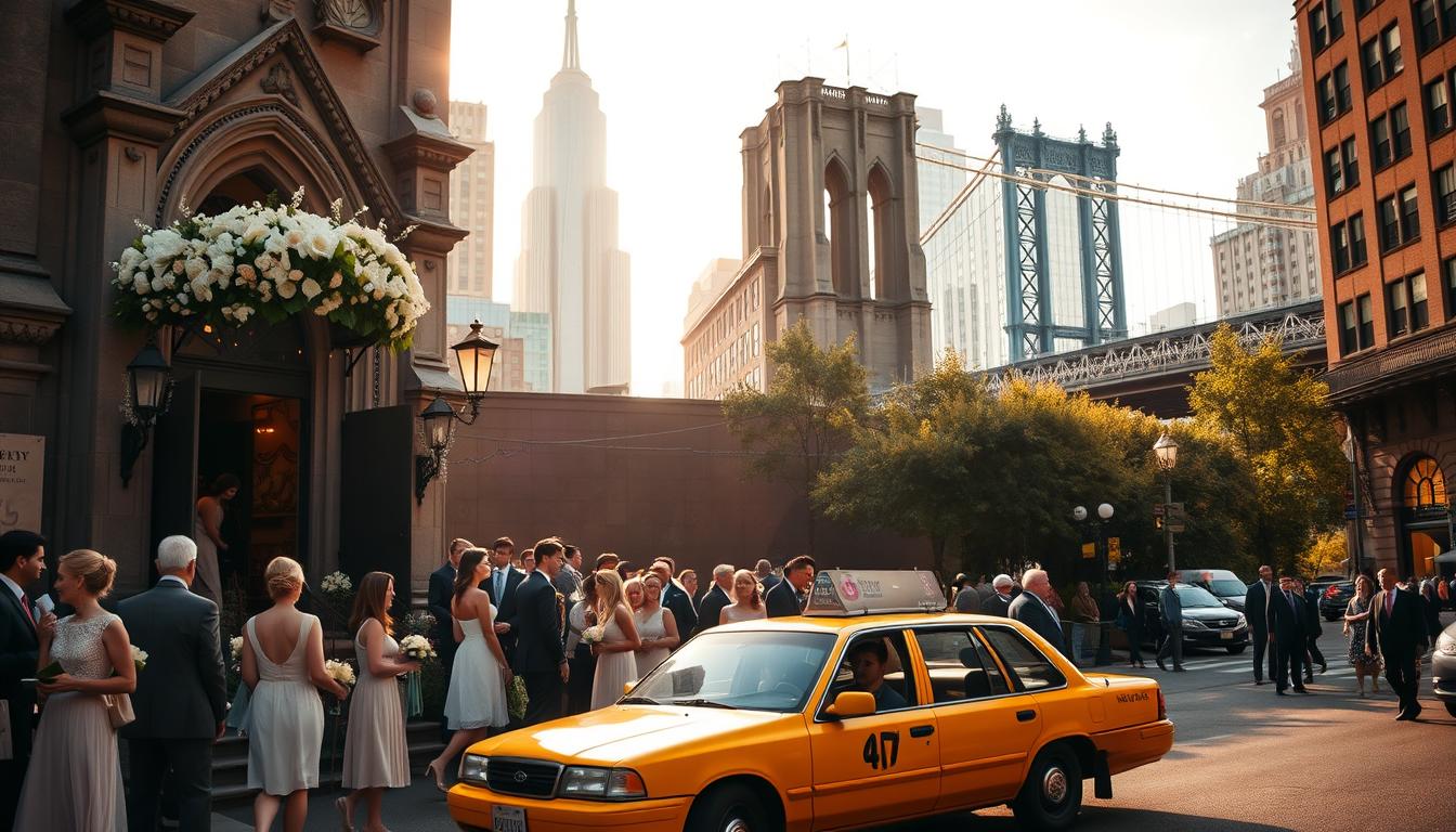 A bustling city street in New York during wedding season, with couples and guests spilling out of a charming, historic church. The warm, golden light of a late afternoon sun casts a romantic glow on the scene, illuminating the ornate architecture and blooming floral arrangements adorning the entryway. In the foreground, a lively crowd mingles, the women in elegant dresses and the men in crisp suits, carrying wedding gifts and chatting excitedly. In the middle ground, a classic yellow taxi waits at the curb, its passengers hurrying to join the celebration. The background is a blend of towering skyscrapers and the iconic Brooklyn Bridge, hinting at the vibrant energy of the city. The overall atmosphere evokes the excitement and joyous spirit of a New York wedding during the most beautiful time of year.