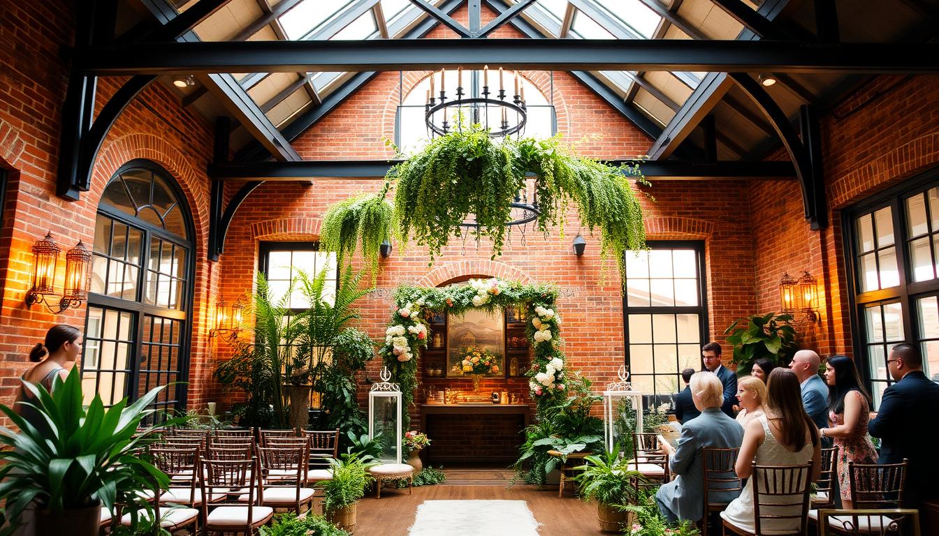 A charming and affordable wedding venue in New York City, nestled in a quaint historic district. The exterior features a beautiful brick facade and wrought-iron accents, creating an elegant and timeless ambiance. The spacious interior boasts high ceilings, exposed beams, and warm lighting, setting the stage for an intimate and memorable ceremony. Lush greenery and cascading floral arrangements adorn the ceremony area, evoking a romantic, garden-like atmosphere. Guests mingle in the cozy lounge, sipping on locally-sourced beverages and savoring delectable hors d'oeuvres. Soft, natural light filters through large windows, lending a serene and inviting atmosphere to the entire venue. This affordable NYC wedding oasis offers a perfect blend of sophistication, charm, and value for couples seeking the perfect setting to exchange their vows.