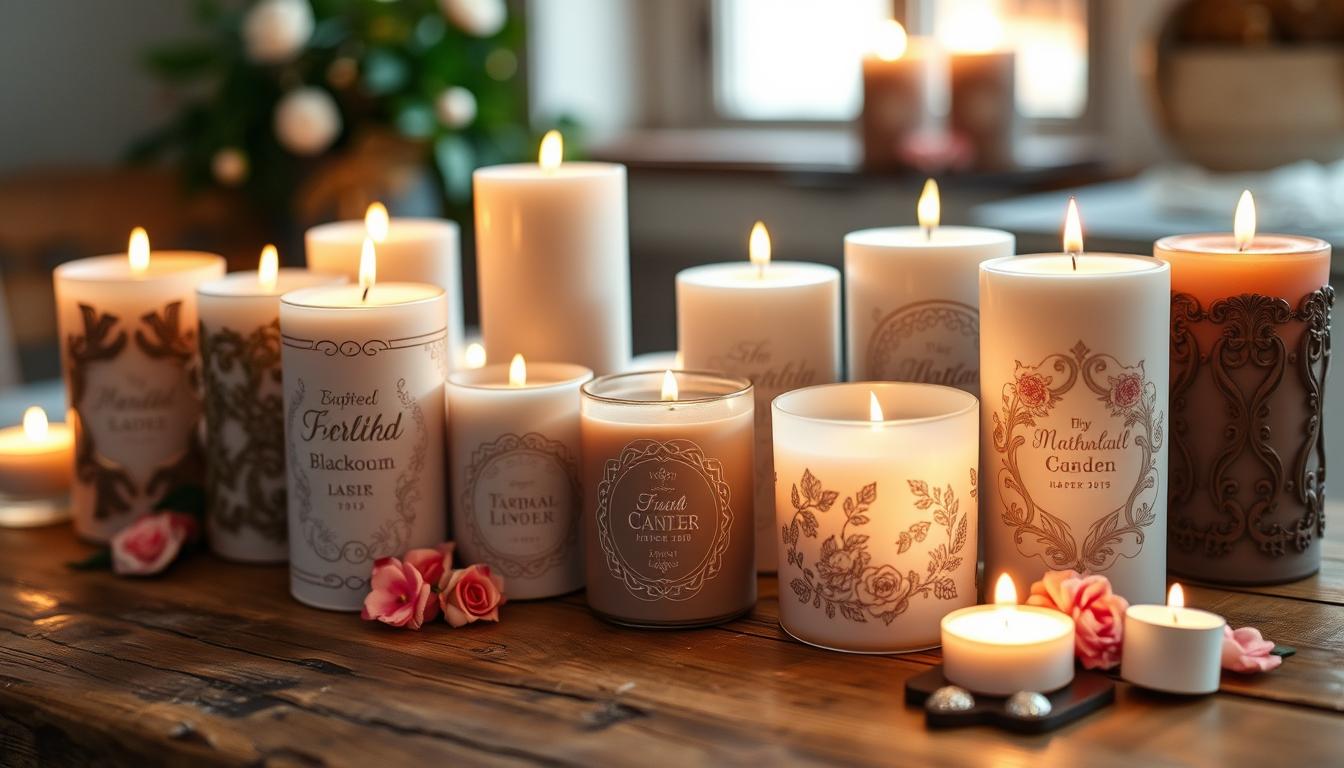 A collection of beautifully crafted, personalized candles in a variety of shapes, sizes, and colors, arranged on a rustic wooden table. The candles feature intricate designs, embossed patterns, and delicate floral accents, creating a visually stunning and tactile display. Soft, warm lighting emanates from the candles, casting a cozy and inviting glow throughout the scene. The image is captured with a shallow depth of field, focusing the viewer's attention on the detailed craftsmanship of the candles. The overall mood is one of elegance, sophistication, and a touch of whimsy, perfectly complementing the "Unique Ideas for Engagement Party Favors" theme.