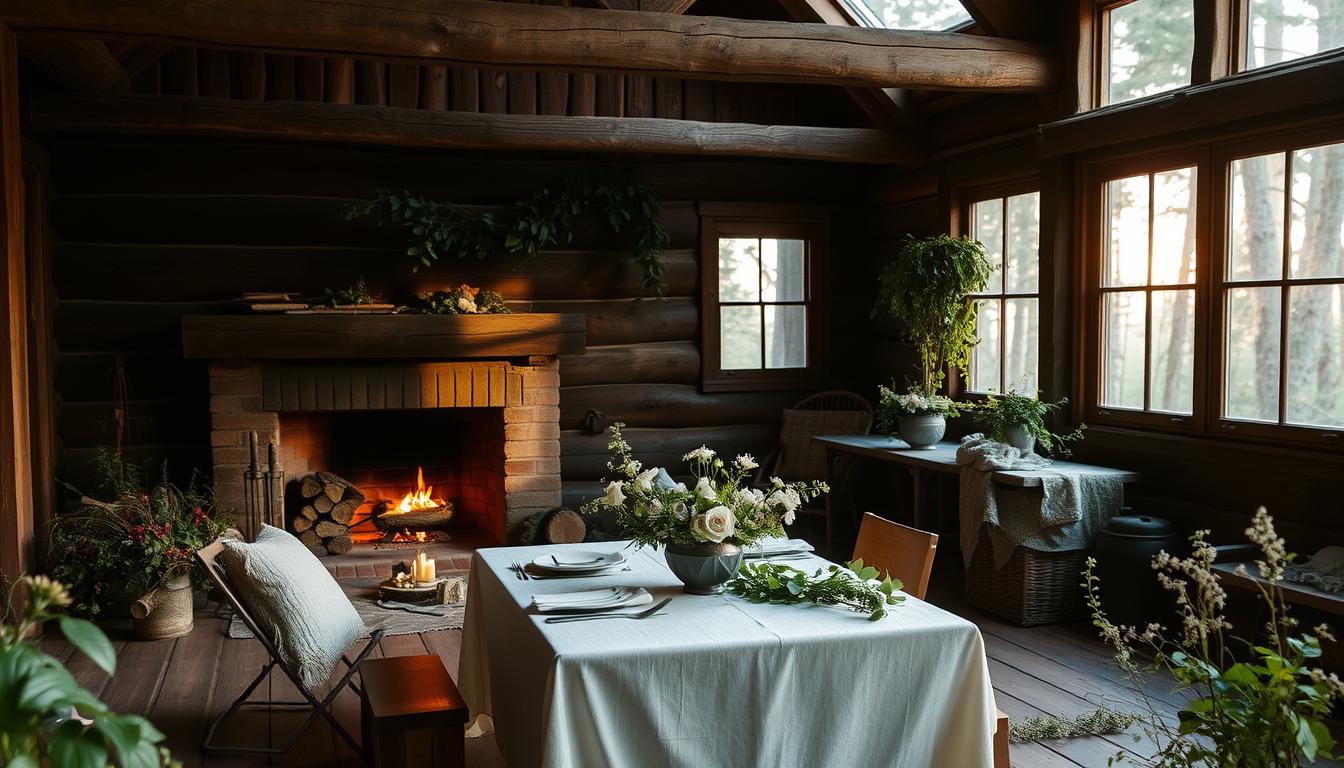 A cozy cabin nestled in the heart of a rustic forest, surrounded by weathered wood and earthy hues. A crackling fireplace casts a warm glow, illuminating a simple yet elegant table setting for two. Delicate wildflowers and lush greenery adorn the space, creating an intimate, romantic atmosphere. Soft natural light filters through the large windows, casting a dreamy, golden-hour ambiance. The entire scene evokes a sense of adventure, solitude, and a deep connection between the couple. A rustic elopement setting that is both charming and picturesque.