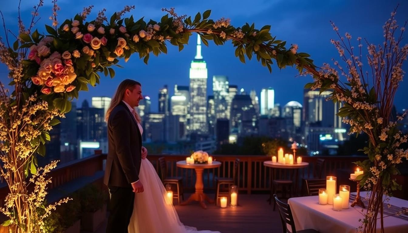 A cozy, intimate elopement package in New York City, set against a backdrop of the iconic Manhattan skyline. In the foreground, a couple stands hand-in-hand, their expressions radiant with joy, framed by a romantic arch adorned with lush greenery and delicate flowers. The middle ground showcases a picturesque venue, its rustic charm complemented by candlelit tables and soft mood lighting. In the distance, the towering skyscrapers of the city glimmer, creating a breathtaking contrast between the urban landscape and the serene, private celebration. The scene evokes a sense of timeless elegance and the magic of a spontaneous, heartfelt union.
