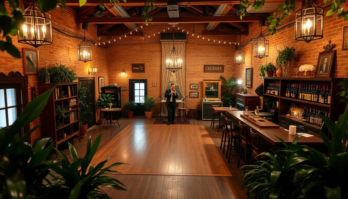 A cozy, intimate wedding venue in New York City, with a warm, inviting atmosphere. The venue features a rustic, exposed-brick interior, softly lit by a mix of chandeliers and string lights. In the center, a large wooden dance floor invites guests to sway to the rhythms of a live jazz band on the stage. The bar, adorned with vintage-inspired decor, offers a selection of craft cocktails and locally sourced wines for a BYOB experience. Lush greenery and potted plants frame the scene, creating a serene, garden-like ambiance. Couples can personalize the space with their own decorations, making it the perfect setting for a memorable, flexible wedding celebration.