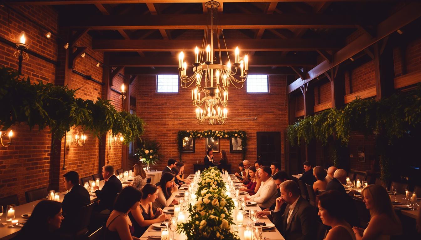A cozy, intimate wedding venue nestled in the heart of Brooklyn, bathed in soft, warm lighting. Elegant chandeliers cast a romantic glow over the rustic exposed brick walls and wooden beams. Lush greenery and floral arrangements adorn the space, creating a serene, relaxed atmosphere. Guests are seated at long, communal tables, enjoying a candlelit dinner and easy conversation. The overall mood is inviting, charming, and perfectly suited for a smaller, more personalized wedding celebration.