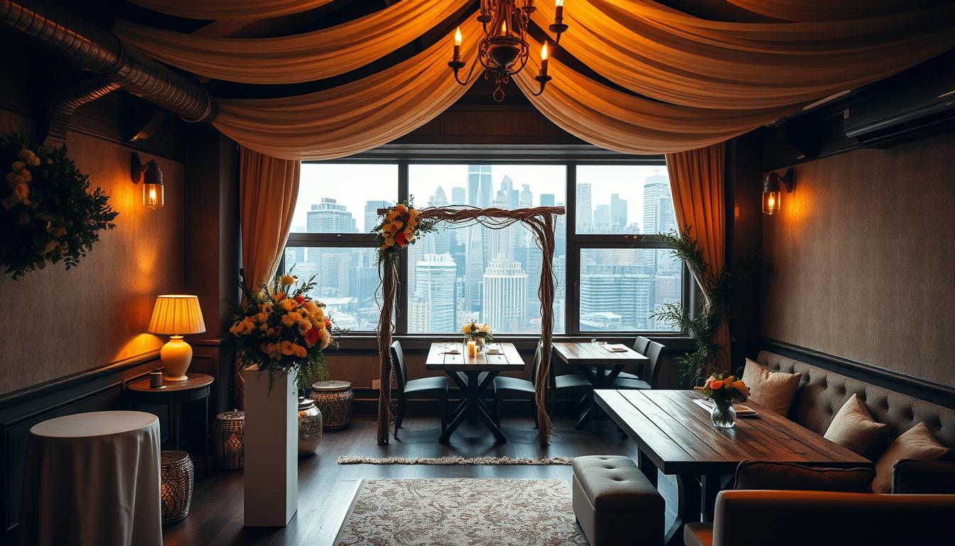 A cozy, intimate wedding venue nestled in the heart of New York City, with warm lighting and soft textures creating a romantic ambiance. The foreground features a beautifully decorated ceremony space, with elegant floral arrangements and a wooden arch framing the scenic view. In the middle ground, a charming reception area with rustic wooden tables and plush seating invites guests to gather and celebrate. The background showcases the iconic skyline of New York, providing a breathtaking backdrop for the special occasion. The overall scene evokes a sense of timeless elegance and invites the viewer to imagine the perfect elopement celebration in this captivating setting.