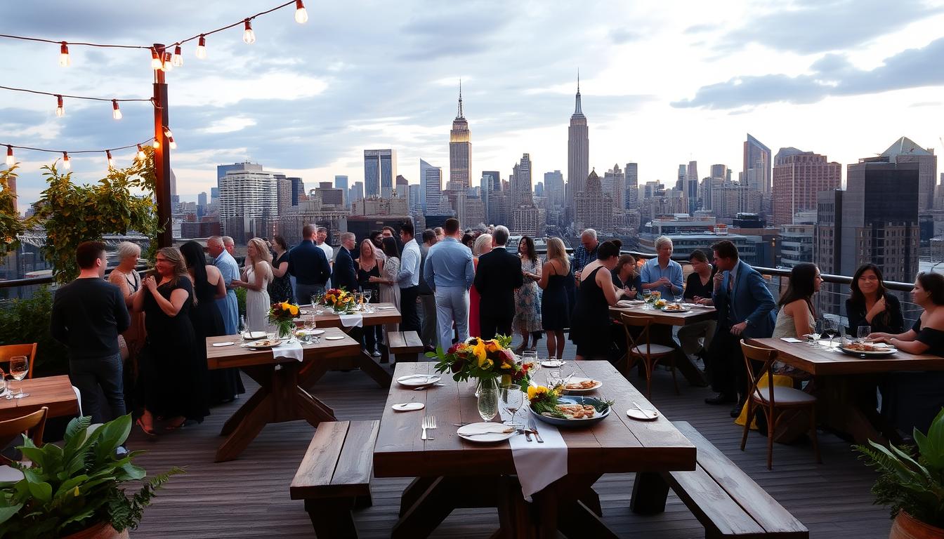 A cozy, intimate wedding venue set against the iconic skyline of New York City. In the foreground, a beautifully decorated outdoor terrace with rustic wooden tables, lush greenery, and twinkling string lights. In the middle ground, guests mingle and enjoy a delectable catered meal, their laughter and joy filling the air. The background is a breathtaking panorama of the city's skyscrapers, bathed in a warm, golden glow from the setting sun. The atmosphere is relaxed and inviting, perfectly capturing the essence of a low-cost, yet elegant, wedding celebration in the heart of NYC.