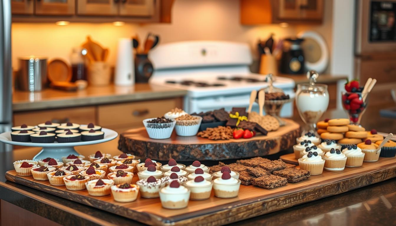 A cozy, inviting kitchen counter showcases an array of DIY dessert bars, each a masterpiece of creativity and deliciousness. In the foreground, an artfully arranged selection of mini tarts, bite-sized cheesecakes, and decadent brownies tempt the eye. The middle ground features a rustic wooden board laden with an assortment of toppings and garnishes, from fresh berries to crumbled cookies, allowing guests to customize their treats. The background sets the scene with warm, soft lighting, highlighting the homemade charm of the display. The overall mood is one of celebration, inviting guests to indulge in a uniquely personalized dessert experience.
