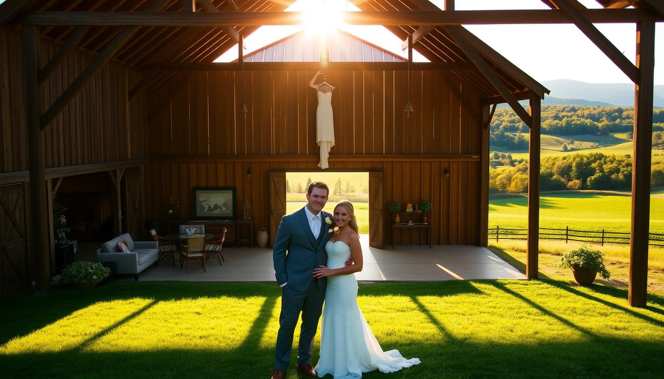 A cozy upstate New York barn with rustic wooden beams, surrounded by lush green fields and rolling hills. The venue is bathed in warm, golden afternoon sunlight, casting a soft glow over the scene. In the foreground, a couple poses happily, their casual yet elegant wedding attire complementing the venue's charming, budget-friendly ambiance. The background features a picturesque landscape, with a distant mountain range visible on the horizon. The overall mood is one of relaxed, countryside elegance - a perfect setting for an affordable, yet memorable wedding celebration.
