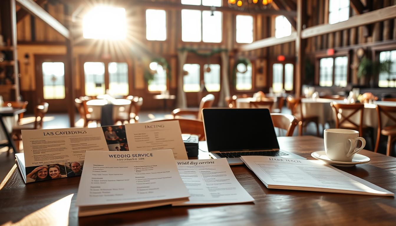 A cozy wedding venue in South Dakota, sunlight streaming through large windows, illuminating a display of wedding service pricing on a wooden table. In the foreground, neatly arranged brochures and price sheets outline the services of local vendors - from photographers and florists to catering and music. The middle ground features a laptop and a cup of coffee, hinting at the research and planning process. In the background, a warm, rustic ambiance with exposed beams and earthy tones sets the tone for this intimate, small-town wedding setting.
