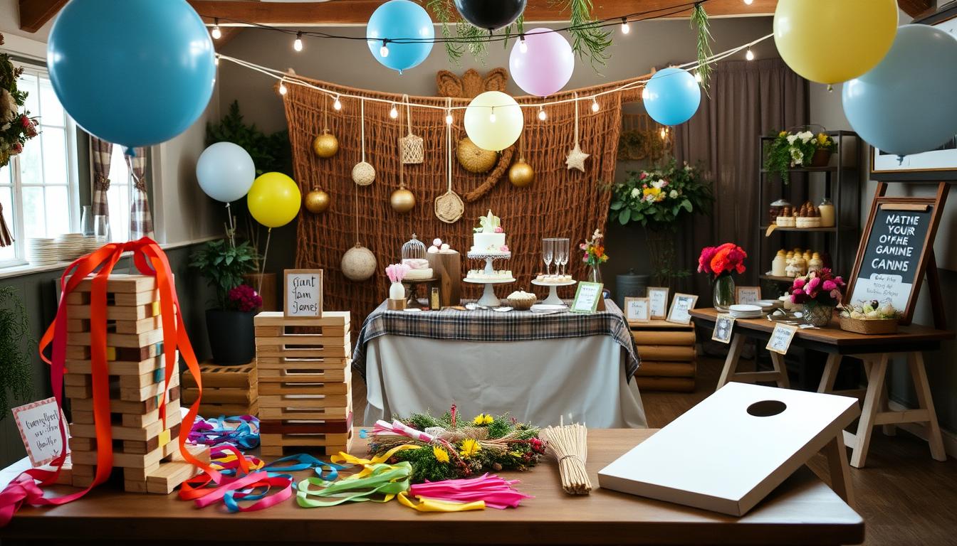 A cozy, well-lit indoor scene featuring a variety of engaging DIY party activities and decorations. In the foreground, a table is set with homemade lawn games like giant Jenga and cornhole boards, along with colorful streamers and balloons. In the middle ground, a dessert table is adorned with handcrafted signs, floral arrangements, and personalized favors. The background showcases a rustic, earthy backdrop with string lights and natural greenery, creating a warm, inviting atmosphere perfect for an intimate engagement celebration. The overall mood is relaxed, joyful, and focused on shared experiences.