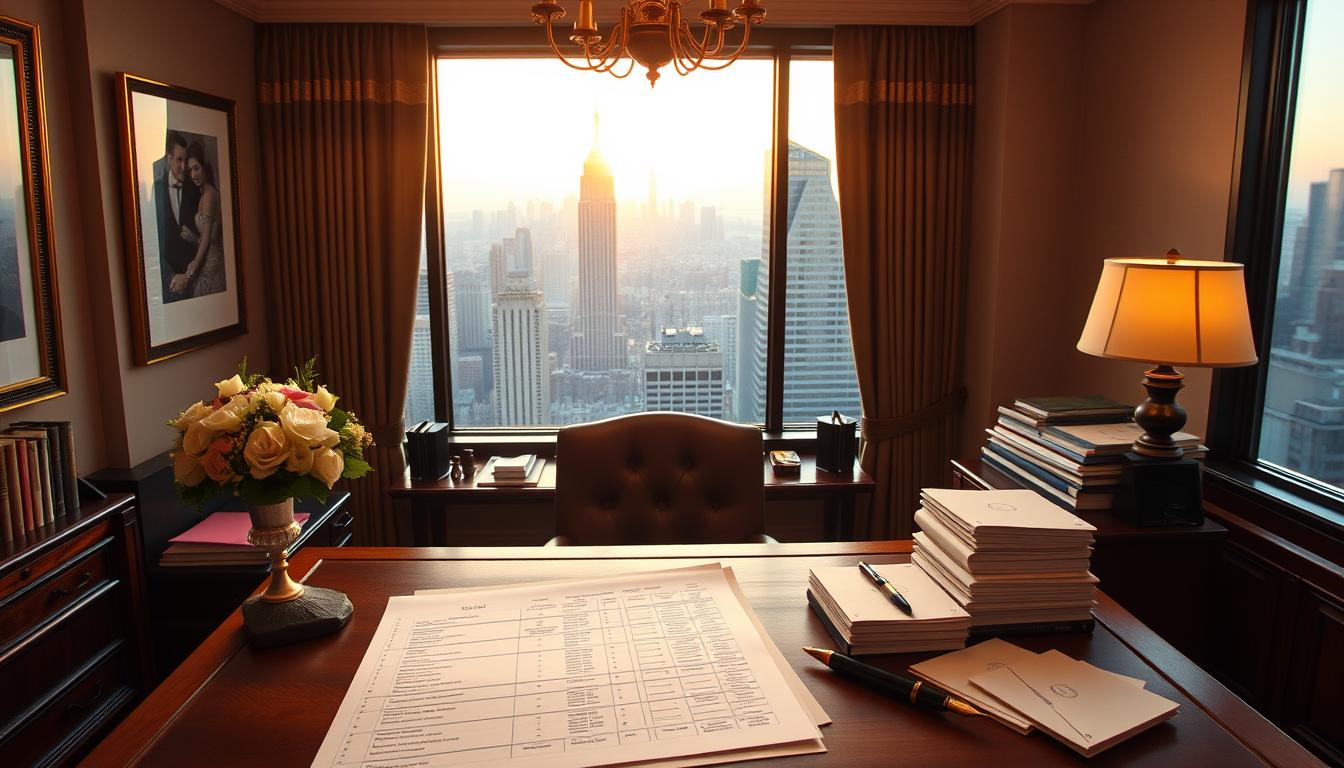 A cozy, well-lit office space with a large wooden desk, adorned with a luxurious floral arrangement. On the desk, a meticulously organized guest list spreadsheet, surrounded by neatly stacked wedding invitation envelopes and a vintage fountain pen. In the background, a panoramic view of the Manhattan skyline through large windows, bathed in the warm glow of the evening sun. A sense of focused organization and attention to detail permeates the scene, capturing the essence of crafting the perfect New York wedding guest list.