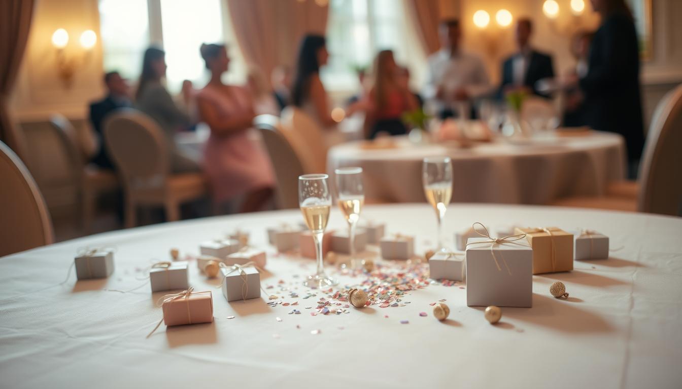 A cozy, well-lit room with a table dressed in a soft, elegant tablecloth. Scattered across the tabletop, an assortment of delicate engagement party favors - miniature champagne flutes, confetti-filled boxes, and tiny decorative trinkets. The lighting, a warm, inviting glow, casts a subtle sheen on the carefully arranged items. In the background, a blurred but inviting scene, perhaps a gathering of friends and family, anticipating the presentation of these thoughtful favors. The overall mood is one of celebration, intimacy, and the excitement of a new chapter about to begin.