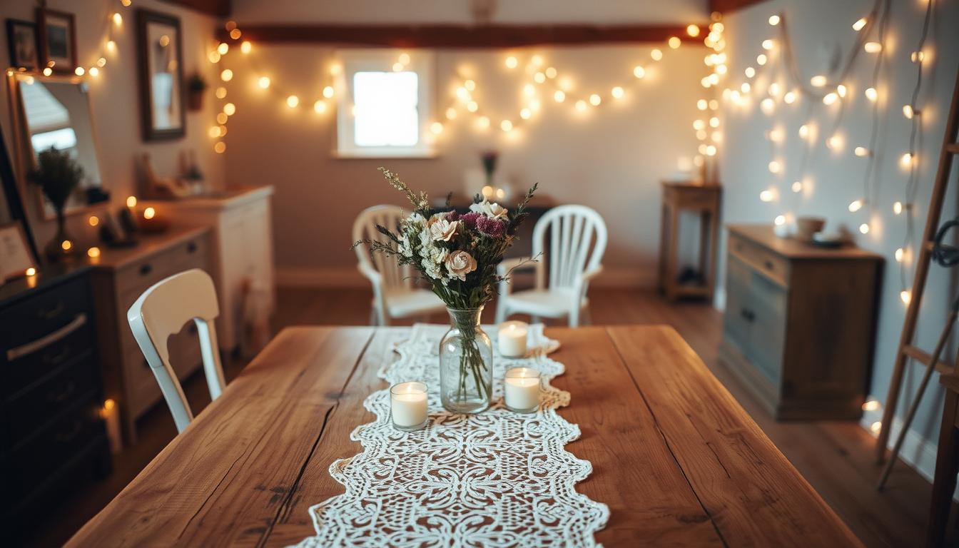 A cozy, well-lit room with various budget-friendly decor items for a wedding. In the foreground, a rustic wooden table is adorned with an elegant lace runner, a vase of wildflowers, and a few tealight candles. In the middle ground, a pair of mismatched vintage chairs flank the table, creating an intimate setting. The background features string lights draped across the walls, casting a warm, romantic glow throughout the space. The overall atmosphere is one of understated elegance and charm, showcasing how thoughtful, DIY-inspired decor can elevate a wedding celebration without breaking the bank.
