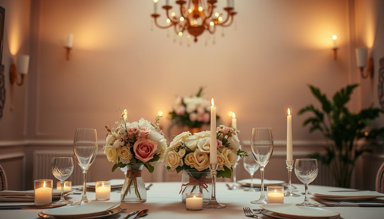 A delightful engagement party setting, featuring a beautifully decorated table with elegant glassware, pastel floral arrangements, and twinkling candles. The background showcases a cozy, warm-lit room with subtle textured walls, creating a soft, inviting ambiance. Ambient lighting from wall sconces and a central chandelier casts a gentle glow, complementing the overall romantic and celebratory atmosphere. The overall composition is balanced, with a harmonious color palette and a sense of sophisticated, yet effortless, style.