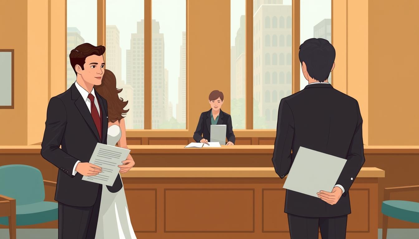 A detailed, elegant illustration of the NYC marriage name change process. In the foreground, a well-dressed couple stand before a warm-toned government office, holding a stack of documents. In the middle ground, a clerk at a counter reviews their paperwork, while in the background, a row of windows looks out onto the bustling streets of Manhattan. The lighting is soft and natural, conveying a sense of professionalism and authority. The overall mood is one of anticipation and diligence, as the couple navigates the legal requirements for changing their names after their wedding.