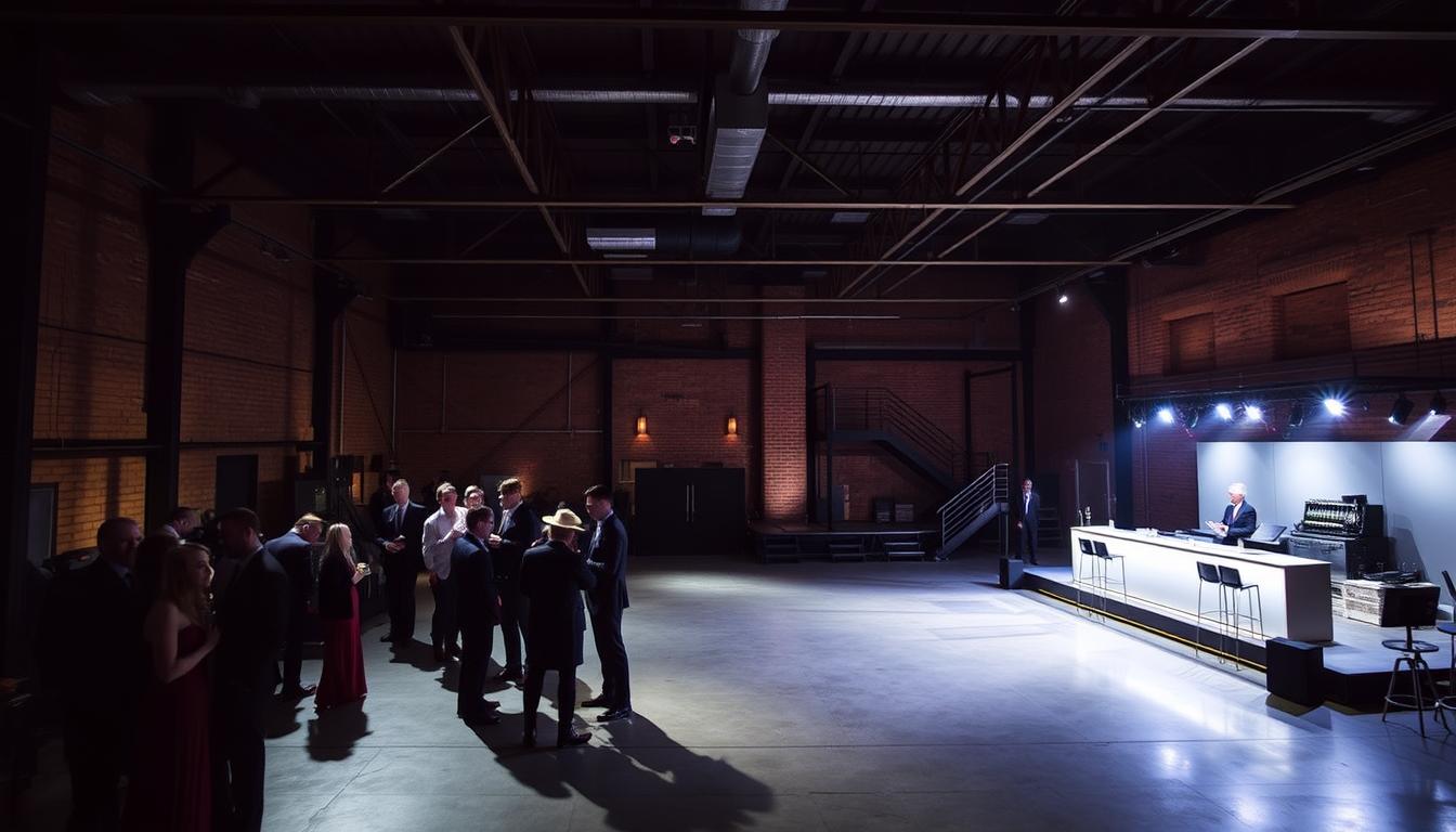 A dimly lit, cavernous industrial event venue in the heart of New York City. The space is filled with exposed brick walls, steel beams, and polished concrete floors, creating a raw, urban ambiance. Strategically placed spotlights illuminate the venue, casting dramatic shadows and highlighting the architectural details. In the foreground, a small group of well-dressed guests mingles, their silhouettes standing out against the industrial backdrop. The middle ground features a sleek, modern bar serving craft cocktails, while the background showcases a stage with state-of-the-art lighting and sound equipment, ready to host a performance or a live band. The overall atmosphere is one of sophistication and understated elegance, perfectly suited for a chic, urban wedding celebration.