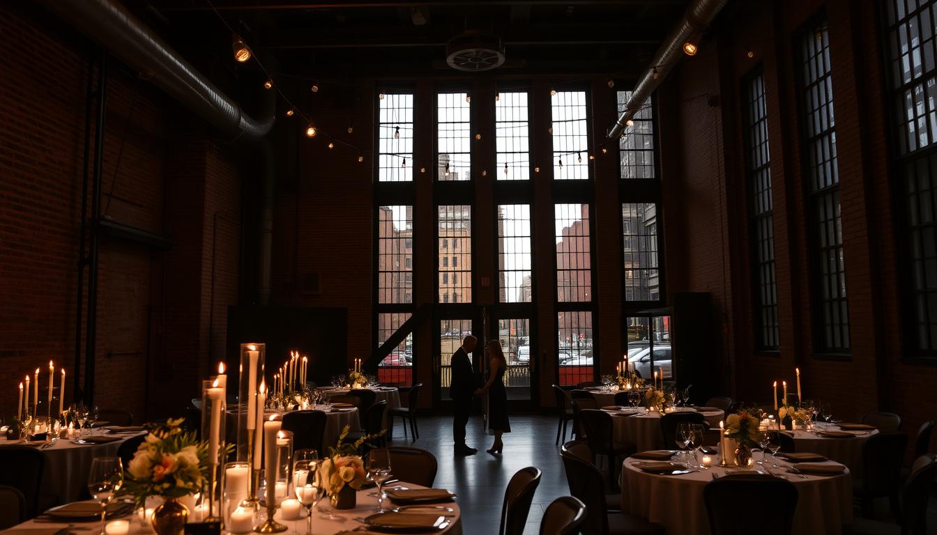 A dimly lit, industrial-chic wedding venue in the heart of Brooklyn, with exposed brick walls, towering ceilings, and a warm, moody ambiance. In the foreground, a couple stands hand-in-hand, silhouetted against the soft glow of candles and string lights. The middle ground showcases elegant table settings, with minimalist floral arrangements and sleek, modern tableware. The background reveals high windows that offer a glimpse of the bustling city streets outside, creating a captivating contrast between the urban landscape and the intimate, refined event space.