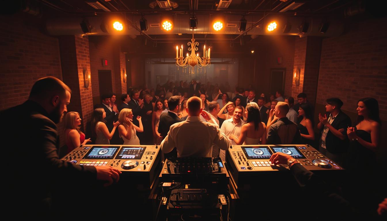 A dimly lit urban nightclub, with the stage bathed in warm, golden spotlights. In the foreground, a group of skilled DJs commanding the turntables, their hands a blur as they mix and scratch. Behind them, a large crowd of wedding guests sway and dance, their faces alight with joy. The scene is framed by industrial-chic exposed brick walls and sleek, minimalist decor, creating an elegant, sophisticated ambiance. The image conveys the energy, professionalism, and technical prowess of the top wedding DJs in New York City, perfectly capturing the spirit of a vibrant, unforgettable celebration.