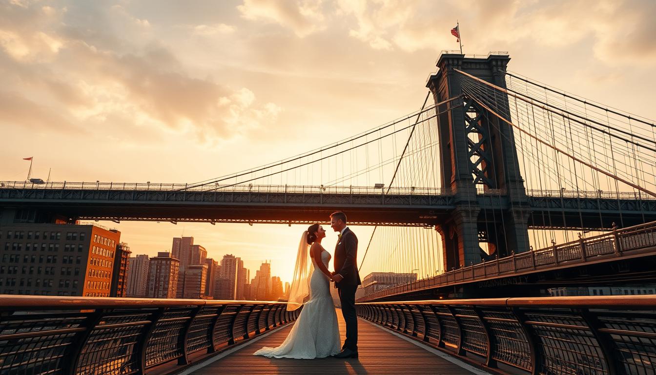 A dramatic overhead view of the iconic Brooklyn Bridge and Manhattan Bridge, their graceful arches and cables silhouetted against a golden sunset sky. The foreground features a couple posing on the pedestrian walkway, the bridges framing them as a breathtaking backdrop for their wedding photos. Soft, warm lighting illuminates the scene, creating a romantic, cinematic atmosphere. The image is captured with a wide-angle lens to emphasize the grand scale and architectural majesty of the bridges, while keeping the couple in sharp focus. The overall composition highlights the dramatic, iconic nature of these famous landmarks as a stunning setting for a wedding celebration.